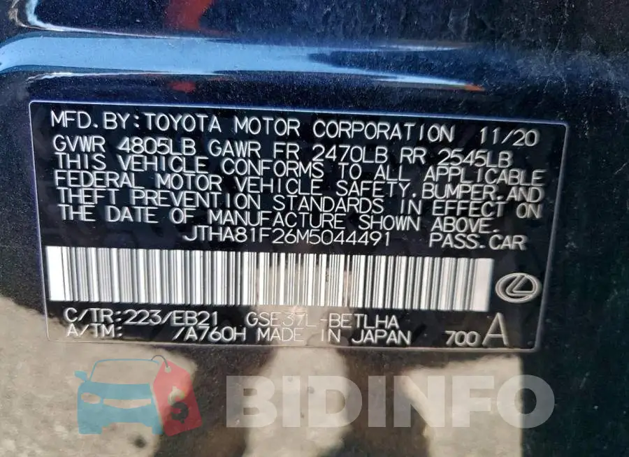 JTHA81F26M5044491 Photo# 12