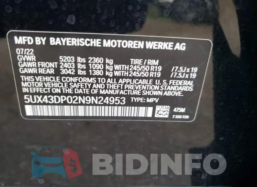 5UX43DP02N9N24953 Photo# 13