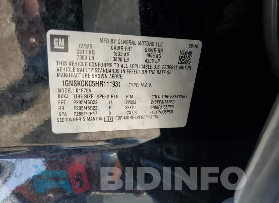 1GNSKCKC5HR111931 Photo# 13