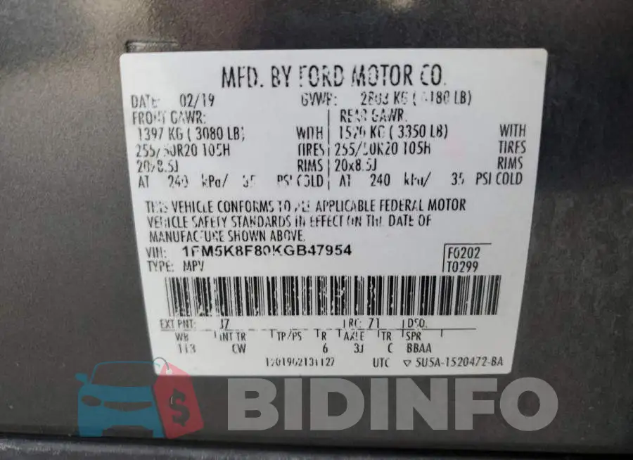 1FM5K8F80KGB47954 Photo# 13