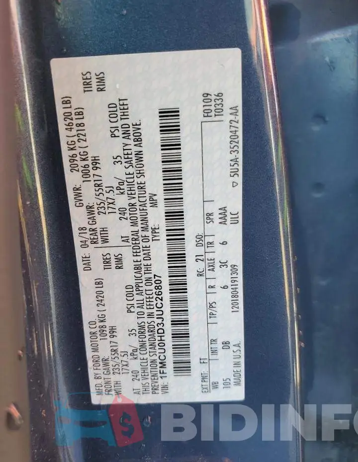 1FMCU0HD3JUC26807 Photo# 13