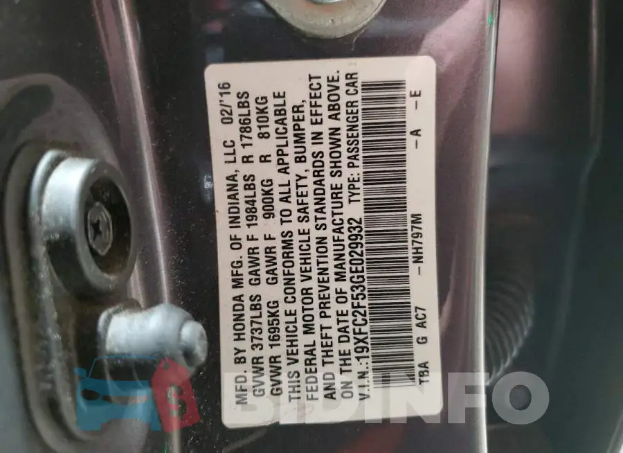 19XFC2F53GE029932 Photo# 12