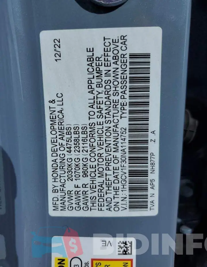 1HGCV1F30NA114752 Photo# 12