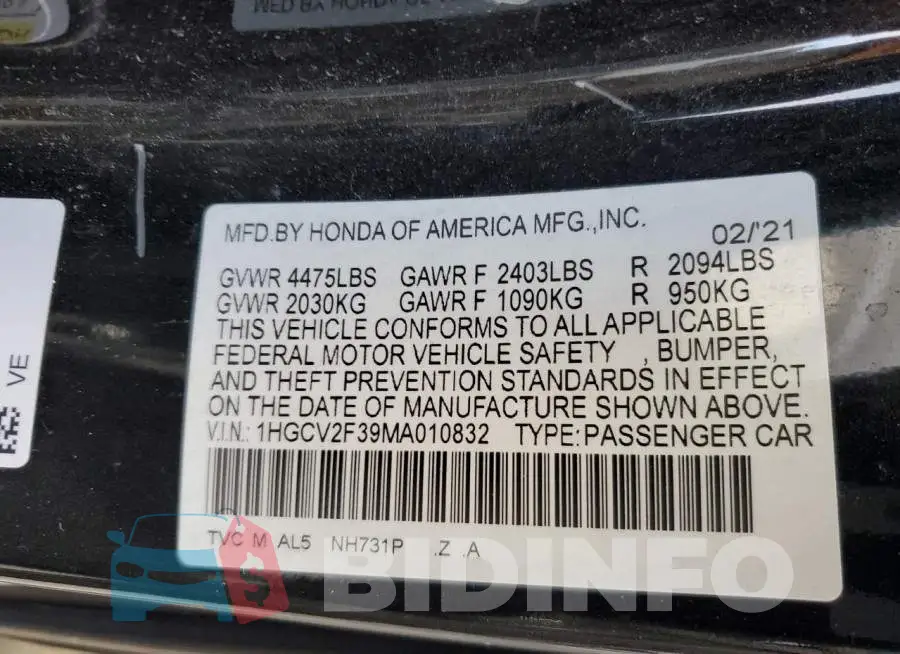 1HGCV2F39MA010832 Photo# 13