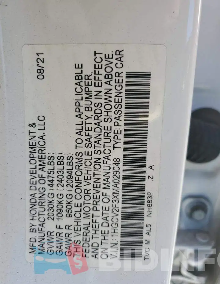 1HGCV2F3XMA029048 Photo# 12