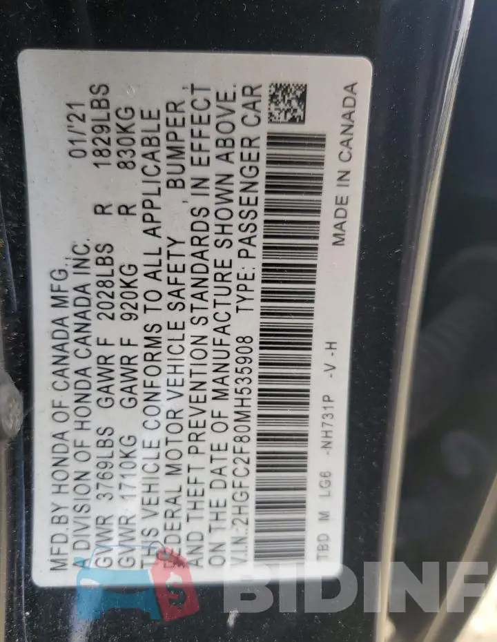 2HGFC2F80MH535908 Photo# 13