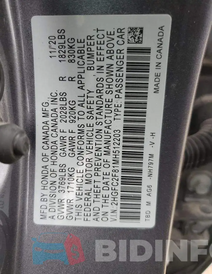 2HGFC2F81MH512203 Photo# 12