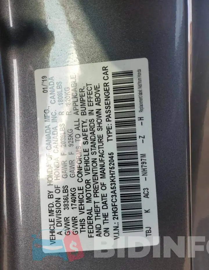 2HGFC3A53KH752045 Photo# 12