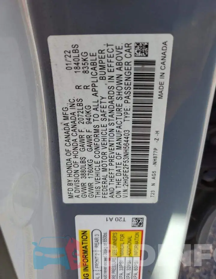 2HGFE2F53NH564403 Photo# 12