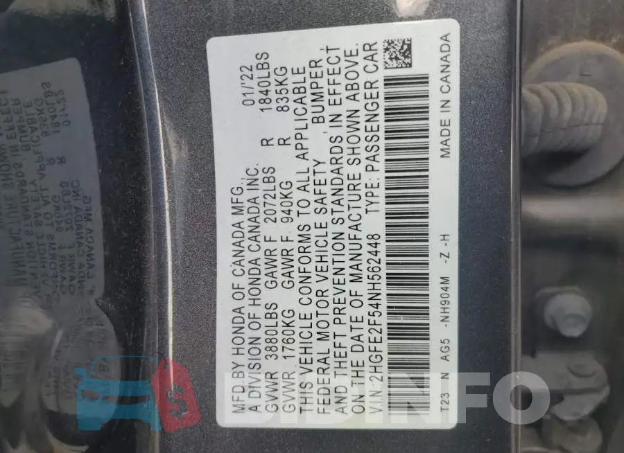 2HGFE2F54NH562448 Photo# 12