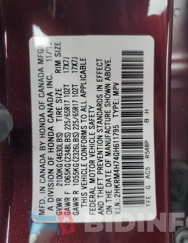 2HKRM4H74GH611795 Photo# 13