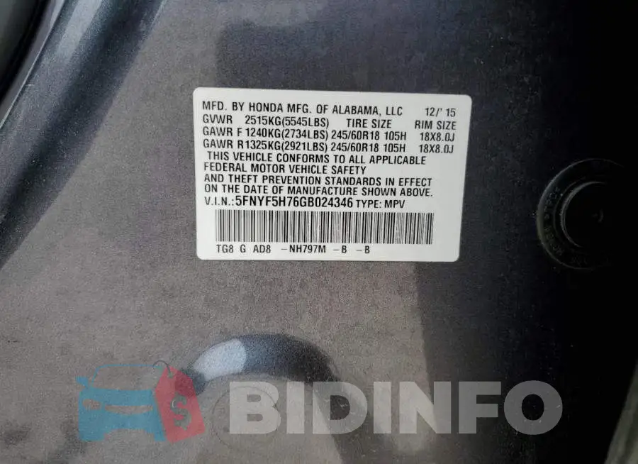 5FNYF5H76GB024346 Photo# 13