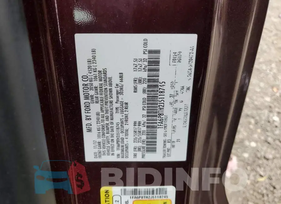 1FA6P8TH2J5118745 Photo# 12