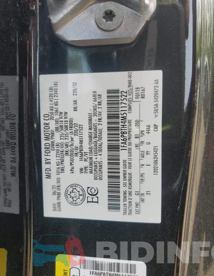 1FA6P8TH4M5117522 Photo# 13