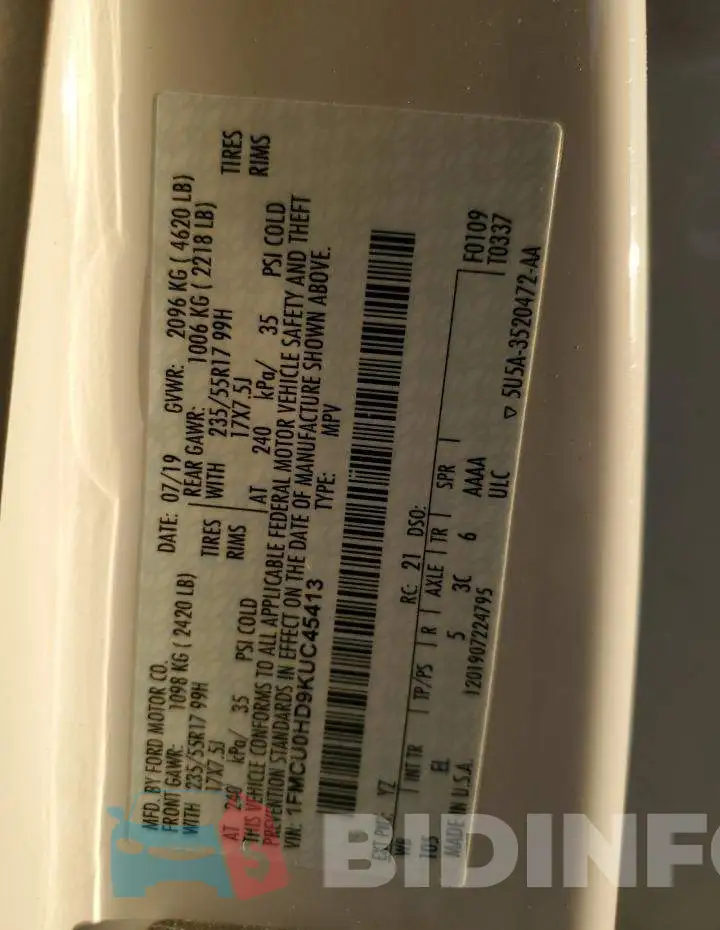1FMCU0HD9KUC45413 Photo# 13