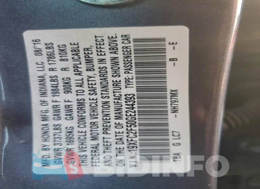 19XFC2F50GE244393 Photo# 12