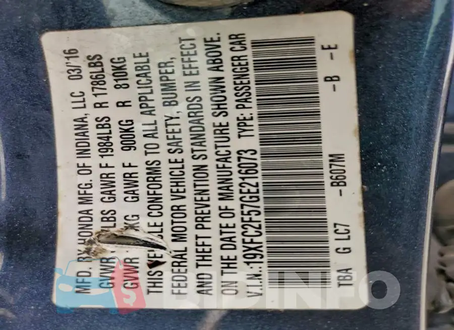 19XFC2F57GE216073 Photo# 12