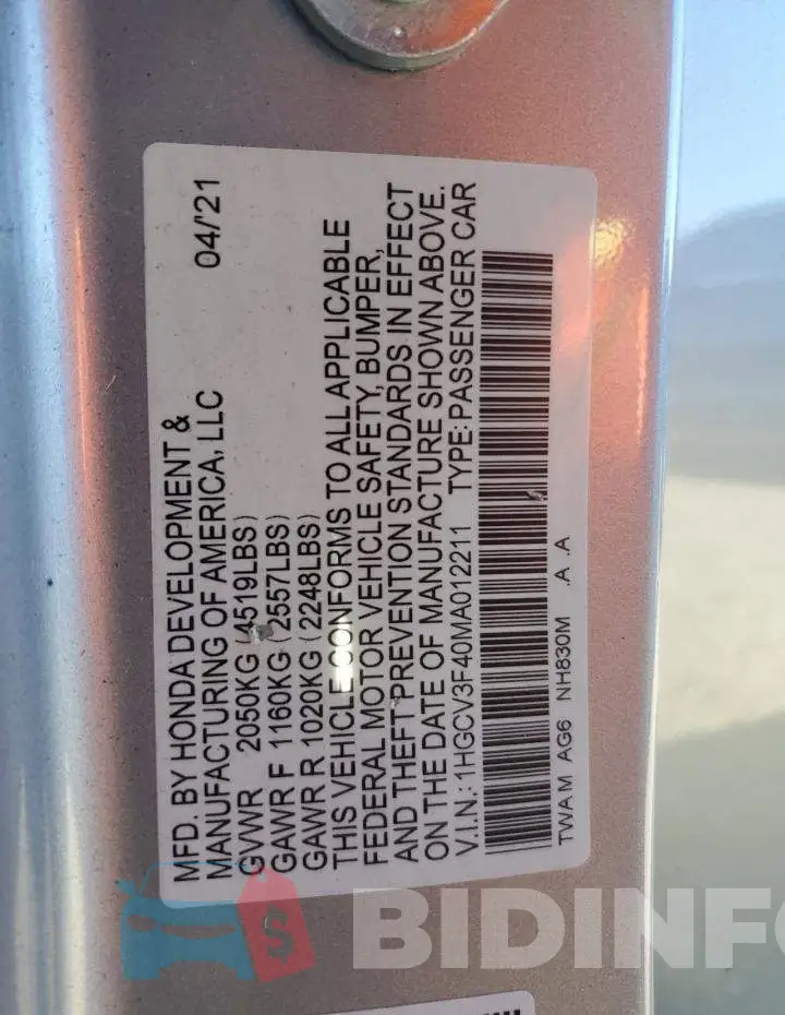 1HGCV3F40MA012211 Photo# 12