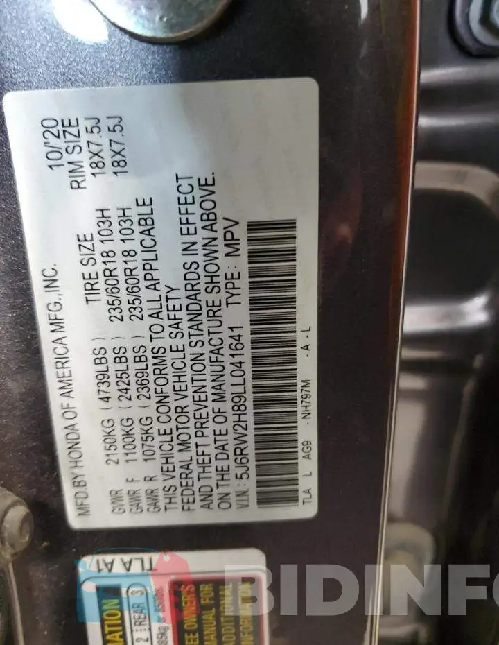 5J6RW2H89LL041641 Photo# 13