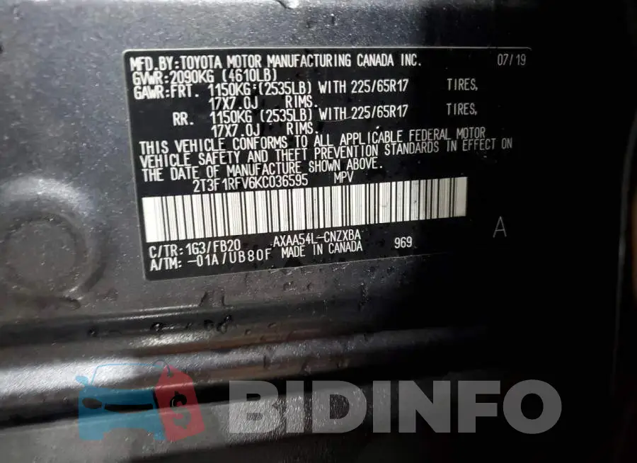 2T3F1RFV6KC036595 Photo# 14