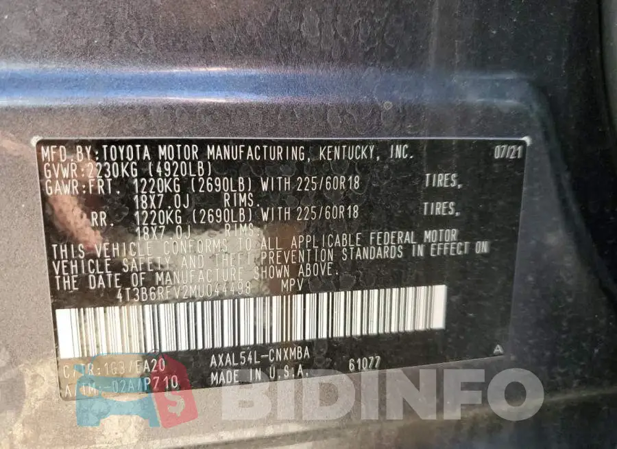 4T3B6RFV2MU044498 Photo# 12