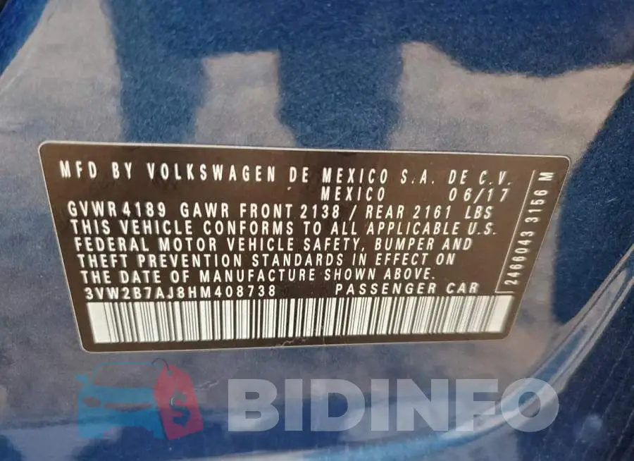 3VW2B7AJ8HM408738 Photo# 12