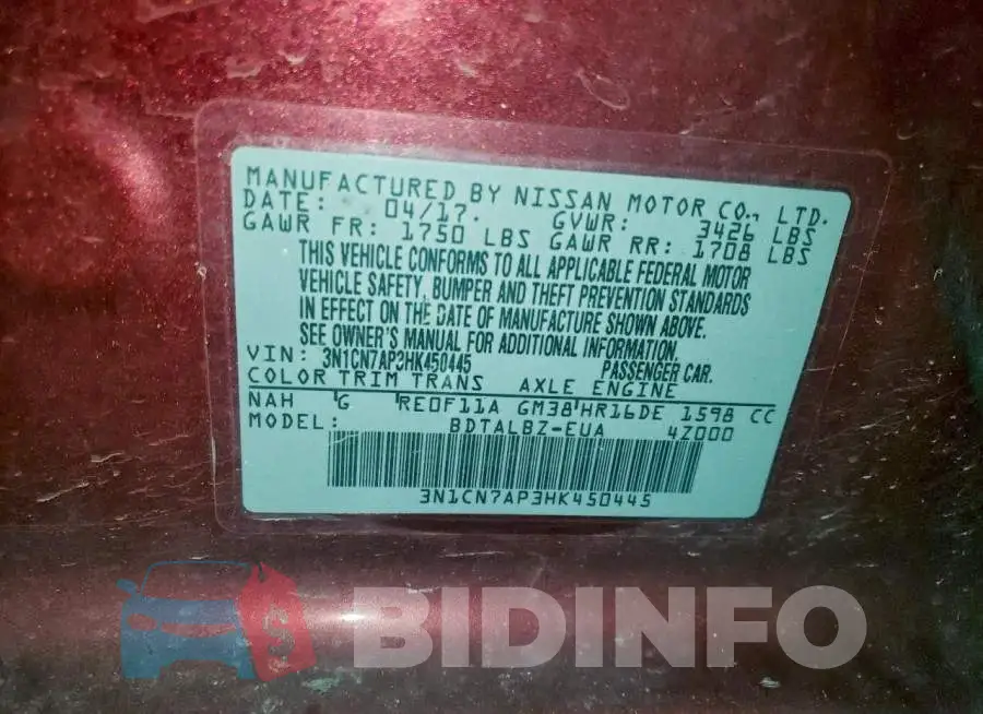 3N1CN7AP3HK450445 Photo# 12