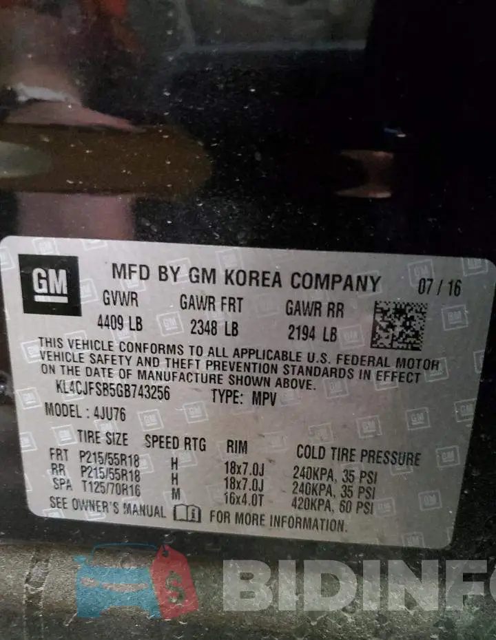 KL4CJFSB5GB743256 Photo# 13