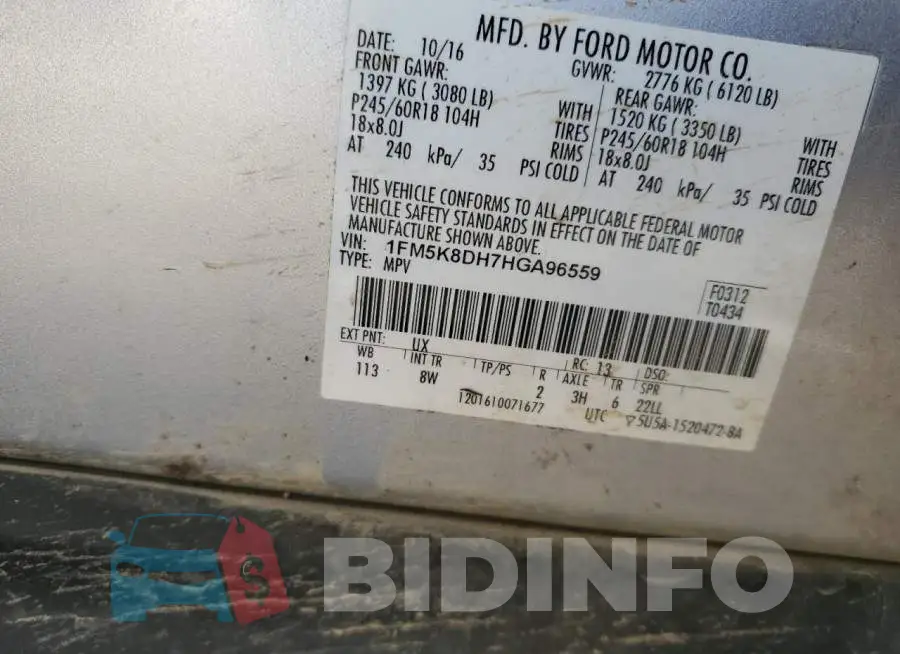 1FM5K8DH7HGA96559 Photo# 13