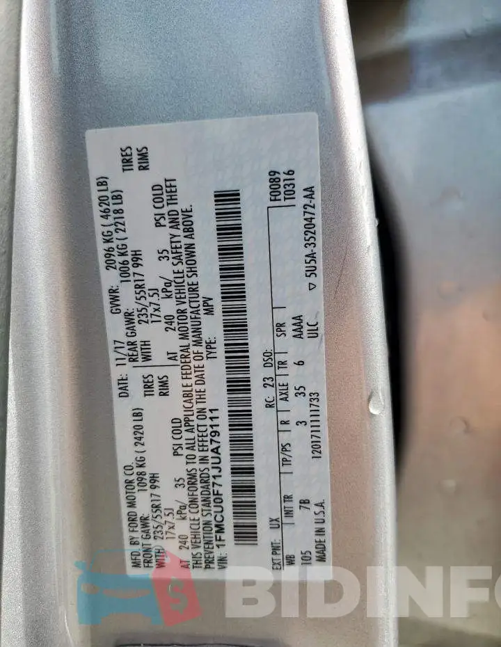 1FMCU0F71JUA79111 Photo# 14