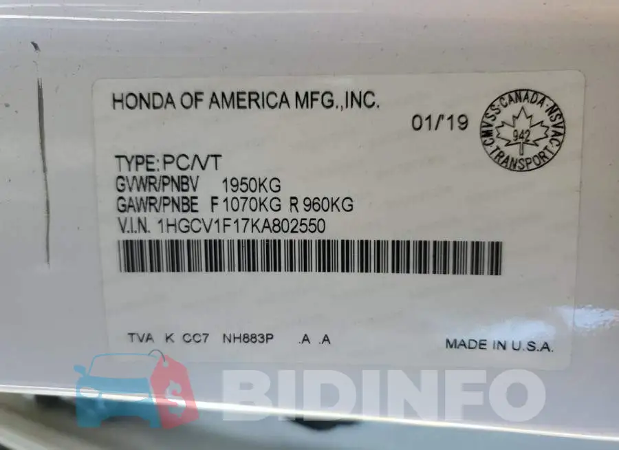 1HGCV1F17KA802550 Photo# 12