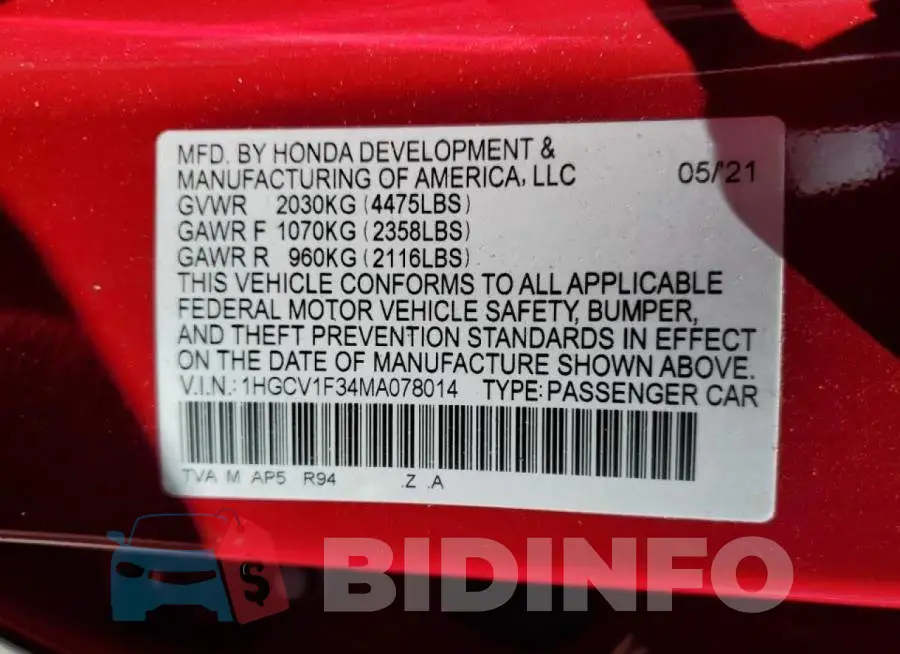 1HGCV1F34MA078014 Photo# 12