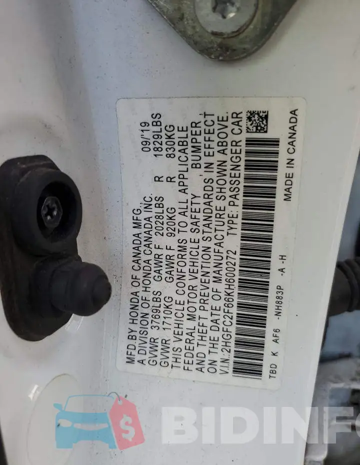 2HGFC2F66KH600272 Photo# 13