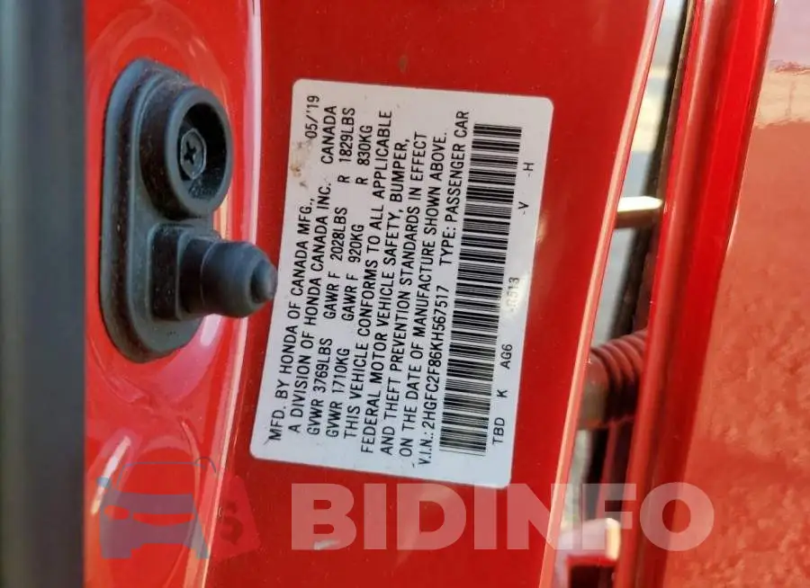 2HGFC2F86KH567517 Photo# 12