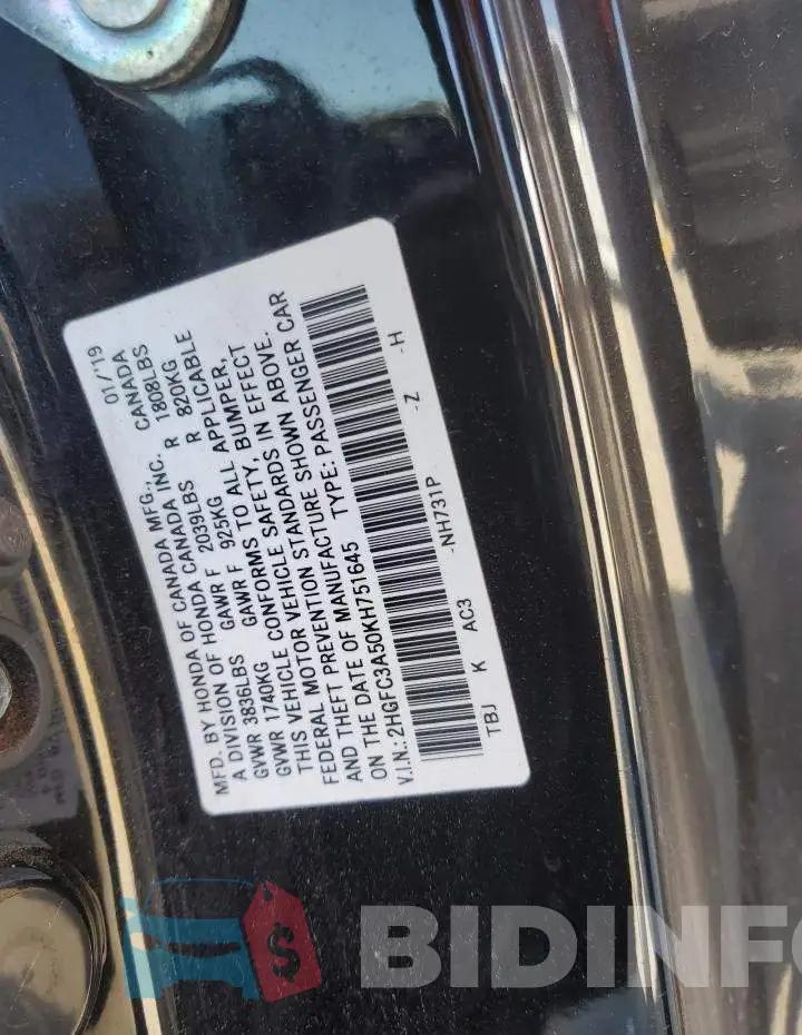 2HGFC3A50KH751645 Photo# 12