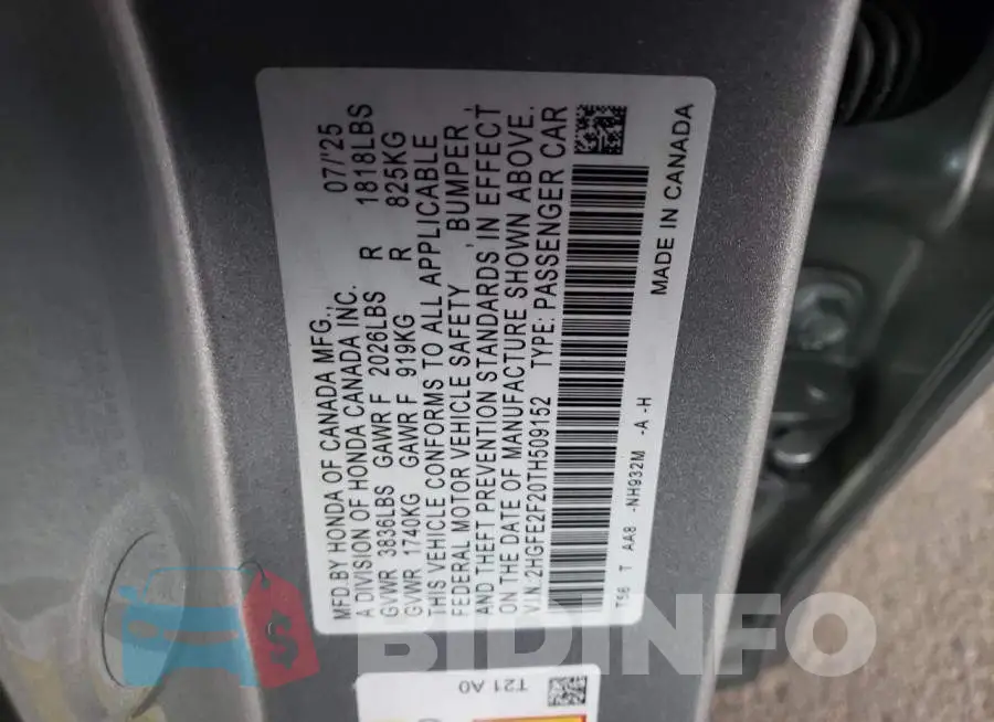 2HGFE2F20TH509152 Photo# 13