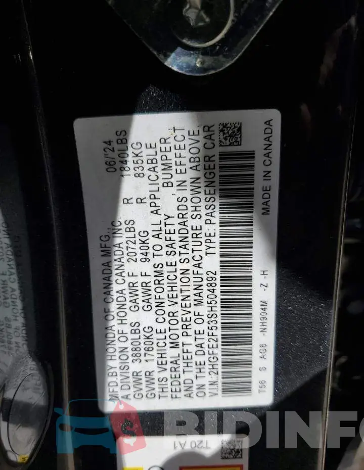 2HGFE2F53SH504892 Photo# 12