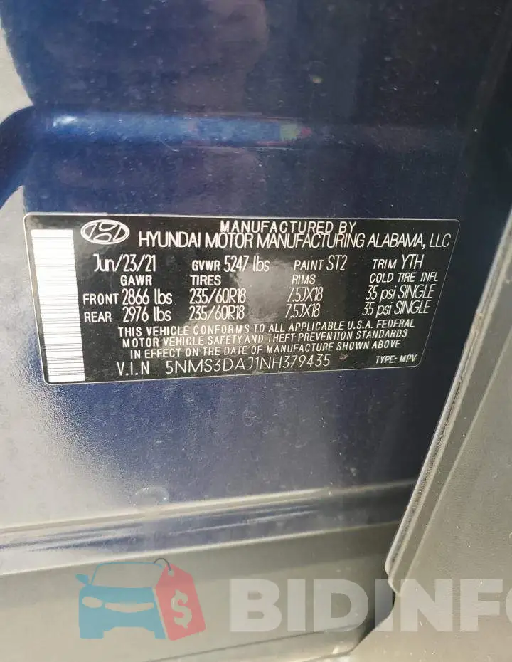 5NMS3DAJ1NH379435 Photo# 12