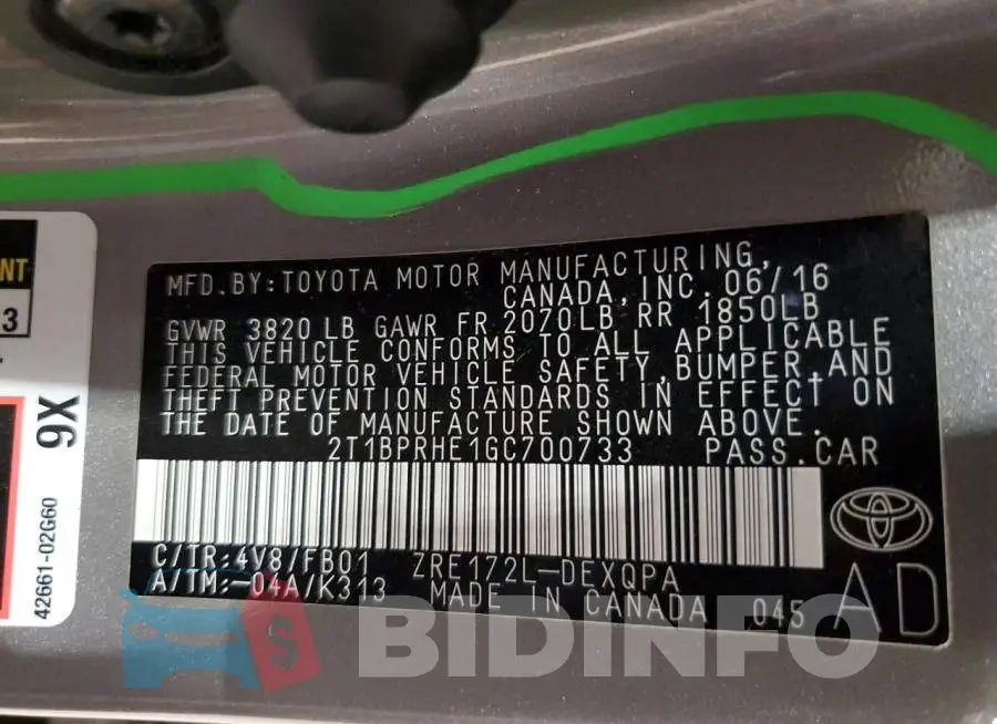 2T1BPRHE1GC700733 Photo# 12