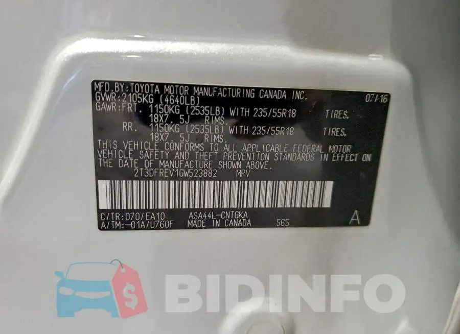 2T3DFREV1GW523882 Photo# 13