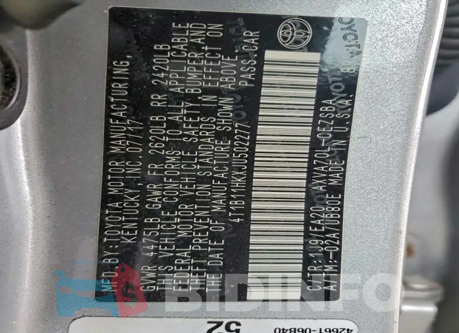 4T1B11HKXJU502277 Photo# 12