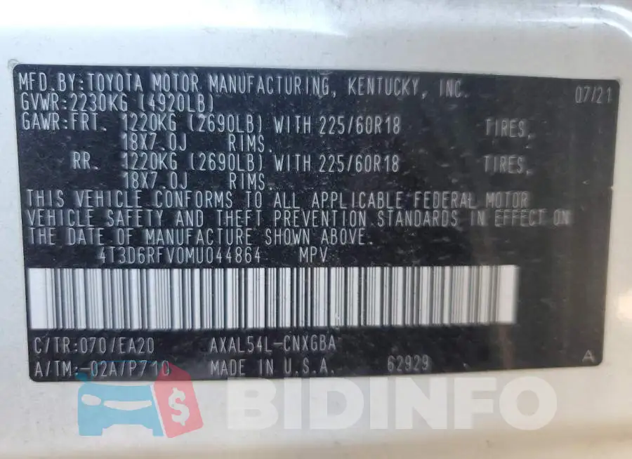 4T3D6RFV0MU044864 Photo# 12