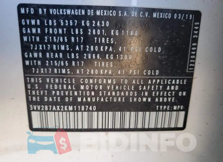 3VV2B7AX2KM118740 Photo# 14