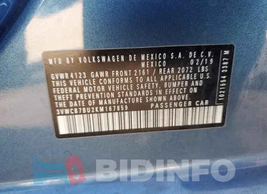 3VWCB7BU2KM167859 Photo# 12