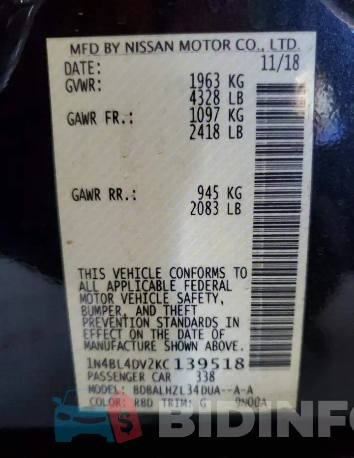 1N4BL4DV2KC139518 Photo# 12