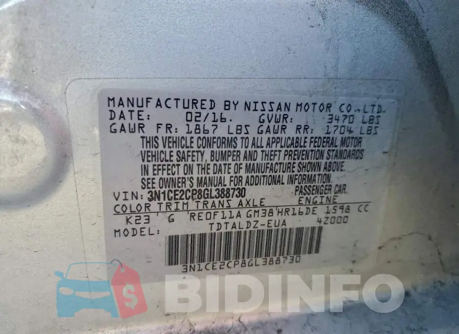 3N1CE2CP8GL388730 Photo# 13