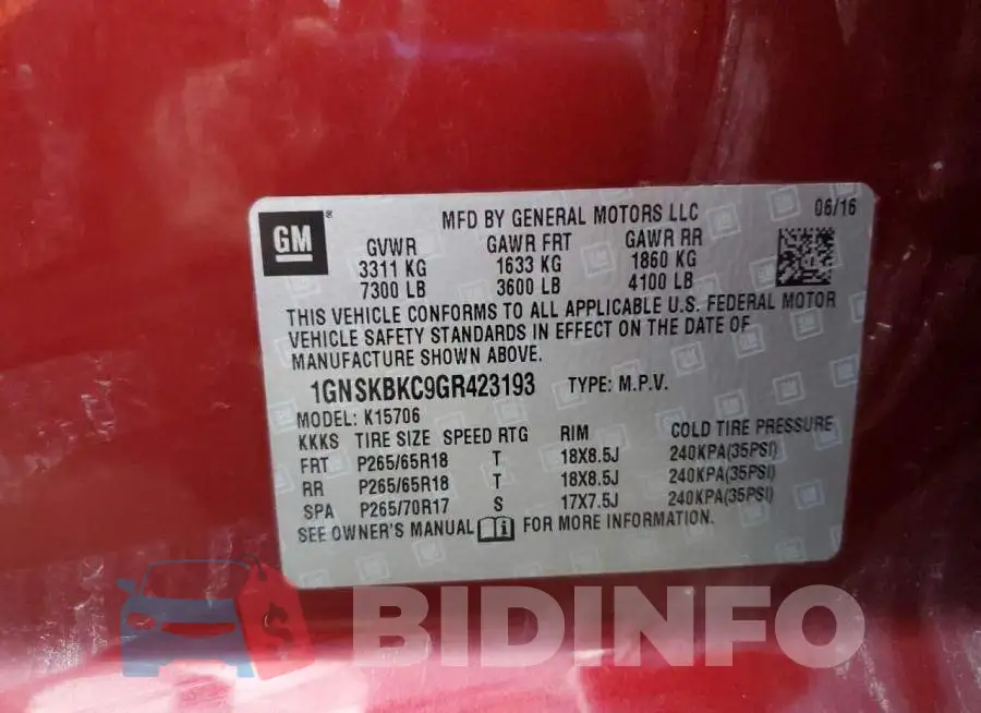 1GNSKBKC9GR423193 Photo# 13