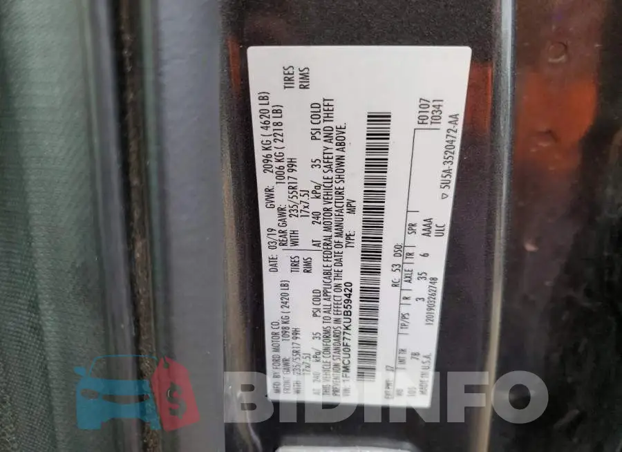 1FMCU0F77KUB59420 Photo# 13