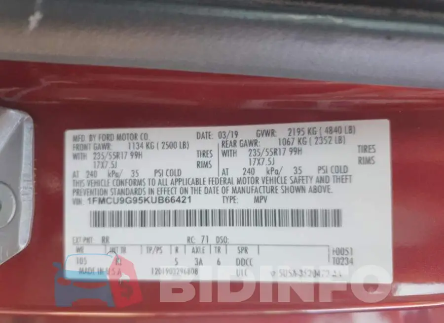 1FMCU9G95KUB66421 Photo# 13