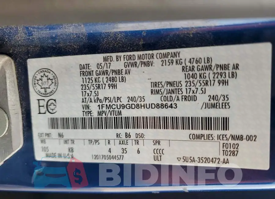 1FMCU9GD8HUD88643 Photo# 13
